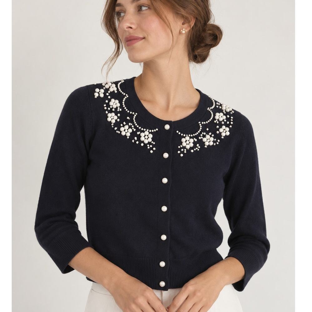Kate Spade Navy Beaded Cardigan Women’s Medium 3/4 Sleeve Preppy Classic